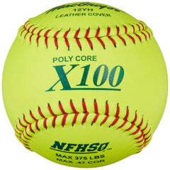 Close-up of Nehssport X100 softball, highlighting its surface texture and logo against a plain backdrop.