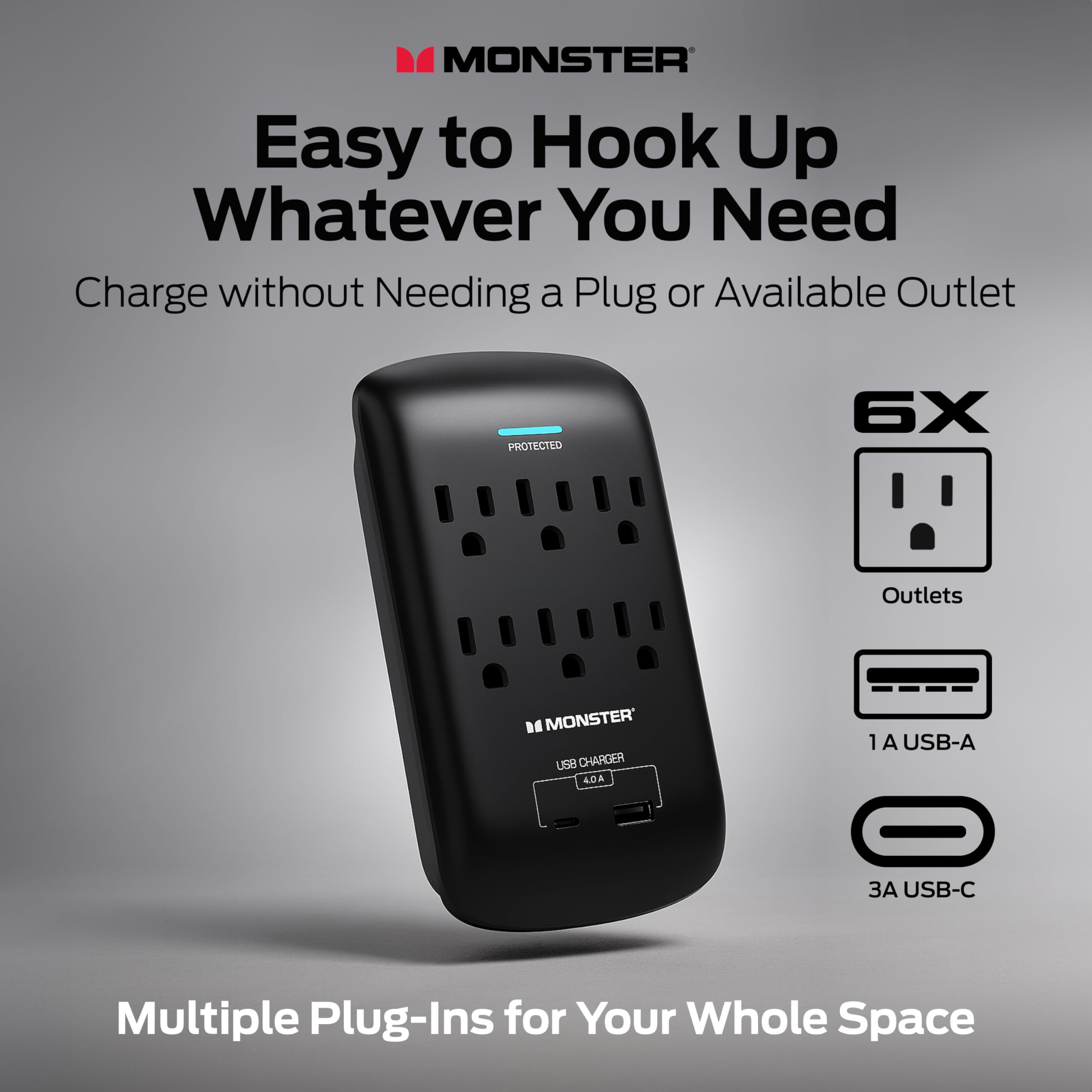 Monster 6-Outlet Surge Protector w/ USB-A & USB-C, 1200J, Black