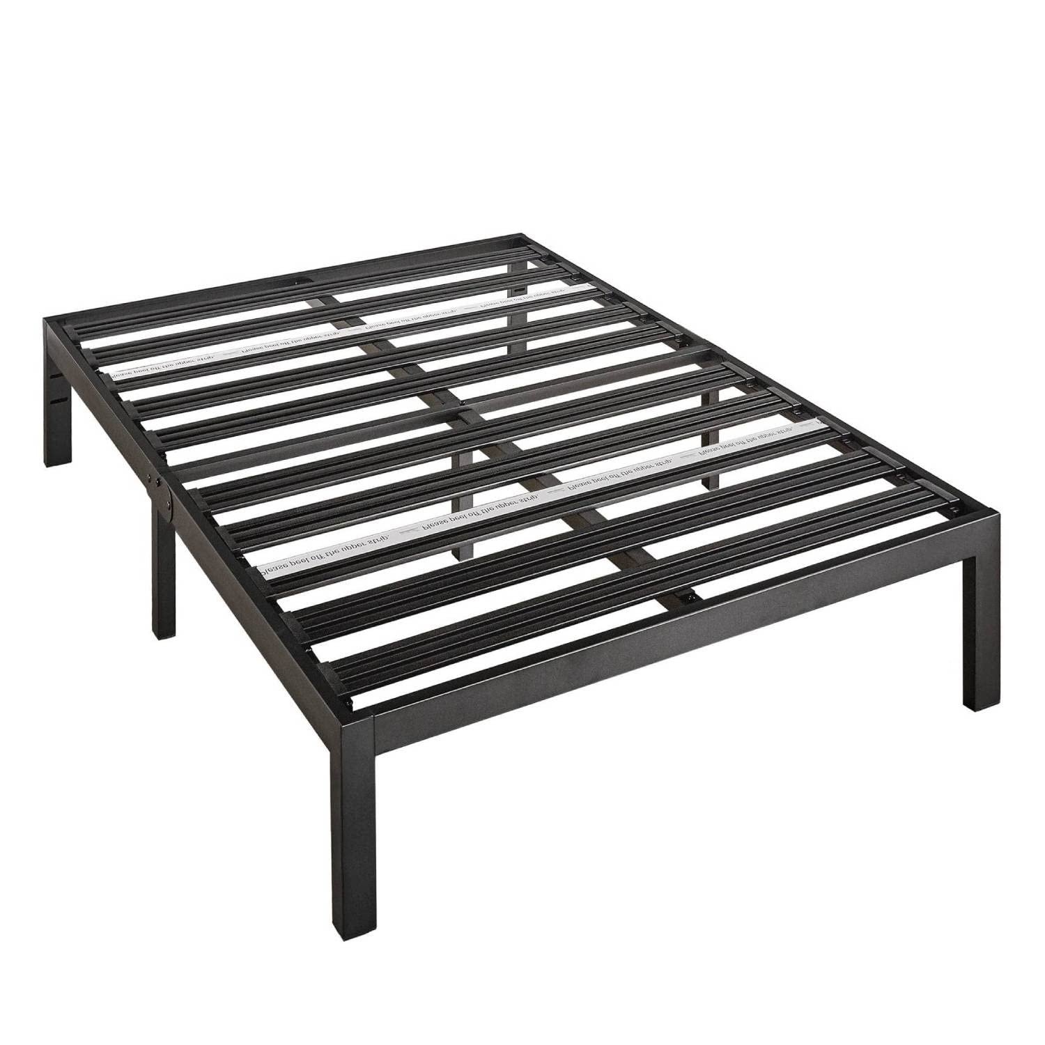 A sturdy metal bed frame featuring a sleek black finish, designed for modern bedroom aesthetics.