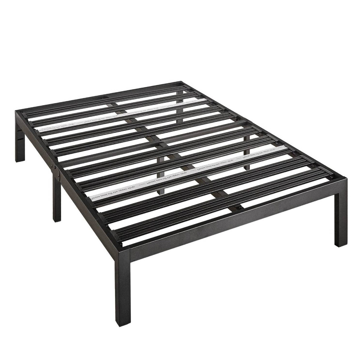 A sturdy metal bed frame featuring a sleek black finish, designed for modern bedroom aesthetics.
