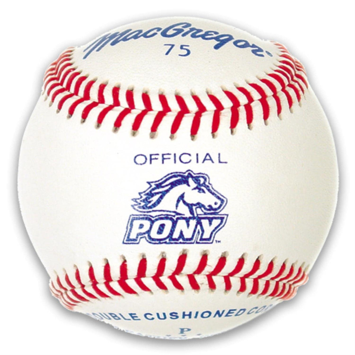 A baseball featuring the logo of the Pony baseball team prominently displayed on its surface.