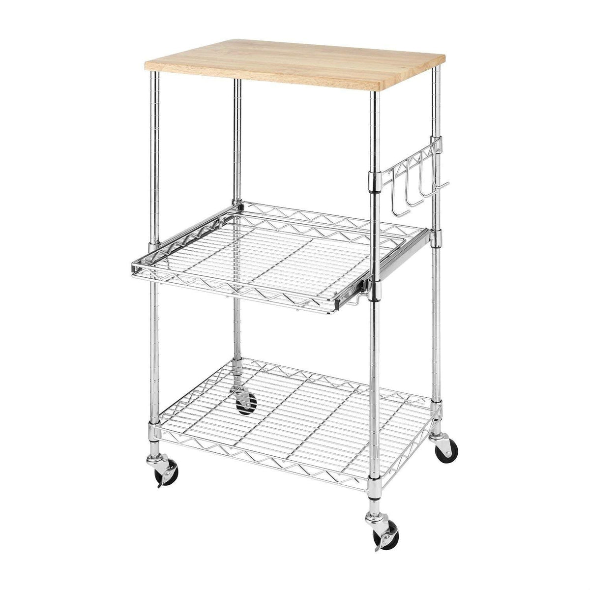 Chrome metal cart with shelves and wheels, designed for mobility and storage in various settings.