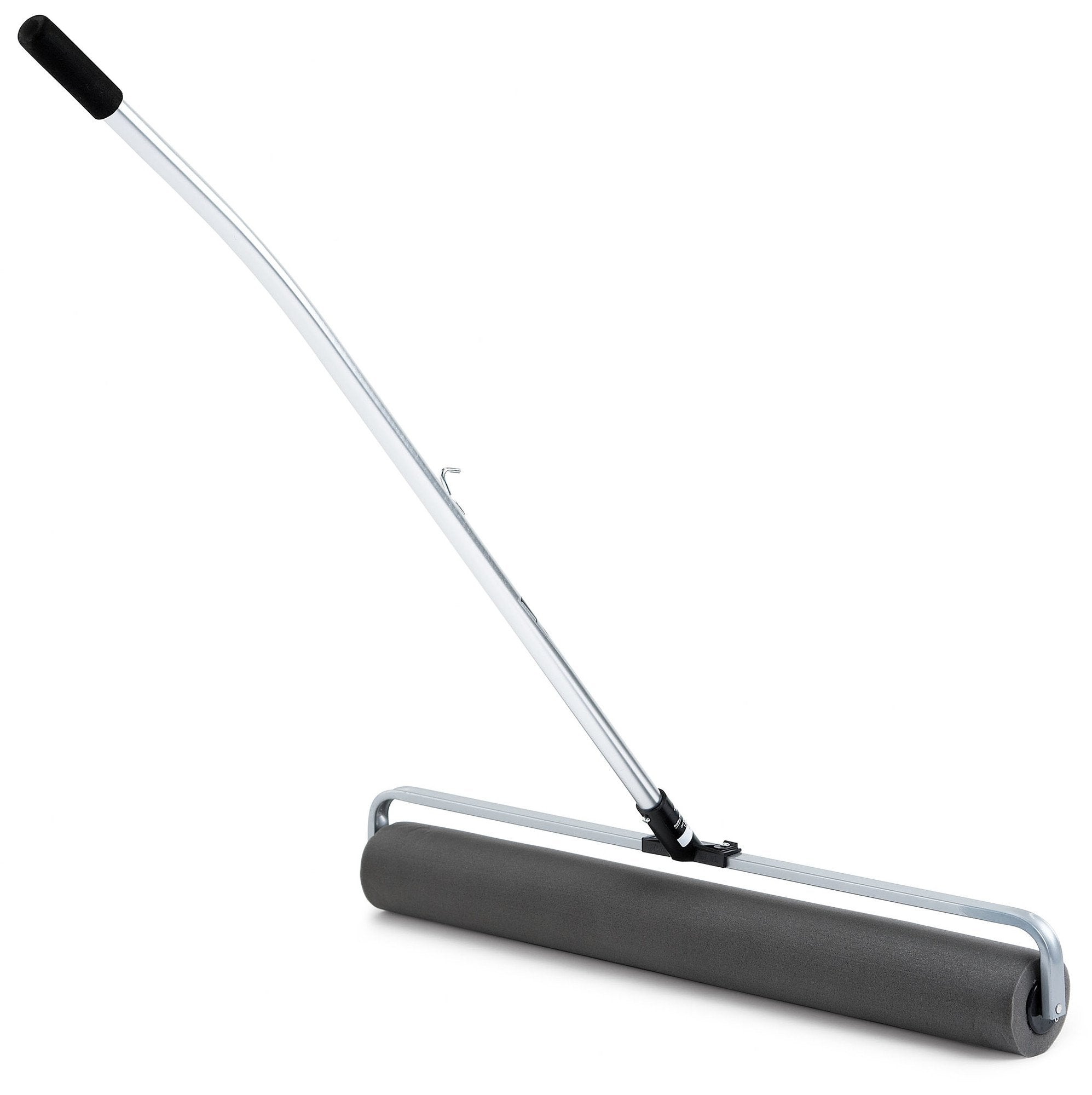 A black and gray paint roller with a sturdy handle, designed for applying paint to surfaces efficiently.
