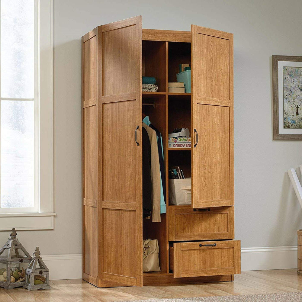 A wooden armoire displaying various clothes and shoes, highlighting an organized and stylish storage solution.