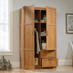 A wooden armoire displaying various clothes and shoes, highlighting an organized and stylish storage solution.