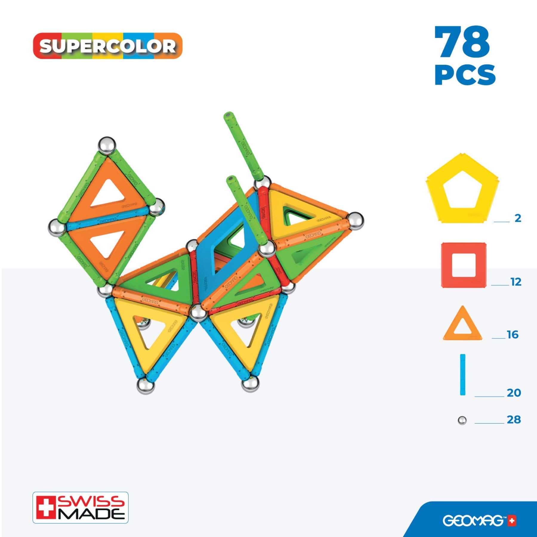 Magnetic Toys Supecolor Tiles 78-Piece Building Set for Kids Ages 5-99 | Swiss-Made STEM & STEAM Authenticated Educational Toy Made from 100% Recycled Plastic | Creative Learning Play