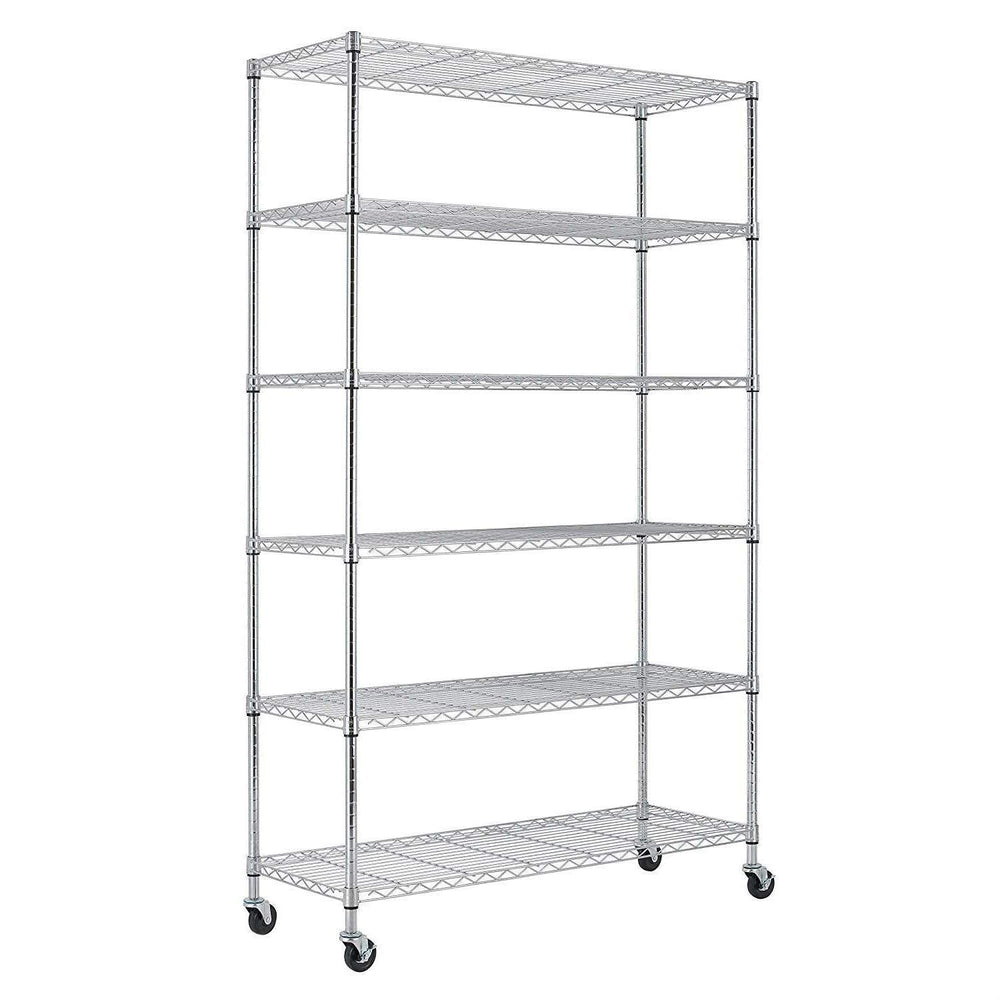 A chrome wire shelving unit with four shelves, ideal for displaying or organizing items in a modern setting.