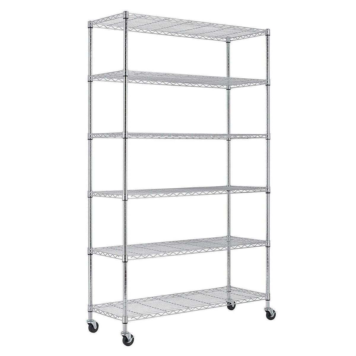 A chrome wire shelving unit with four shelves, ideal for displaying or organizing items in a modern setting.