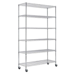 A chrome wire shelving unit with four shelves, ideal for displaying or organizing items in a modern setting.