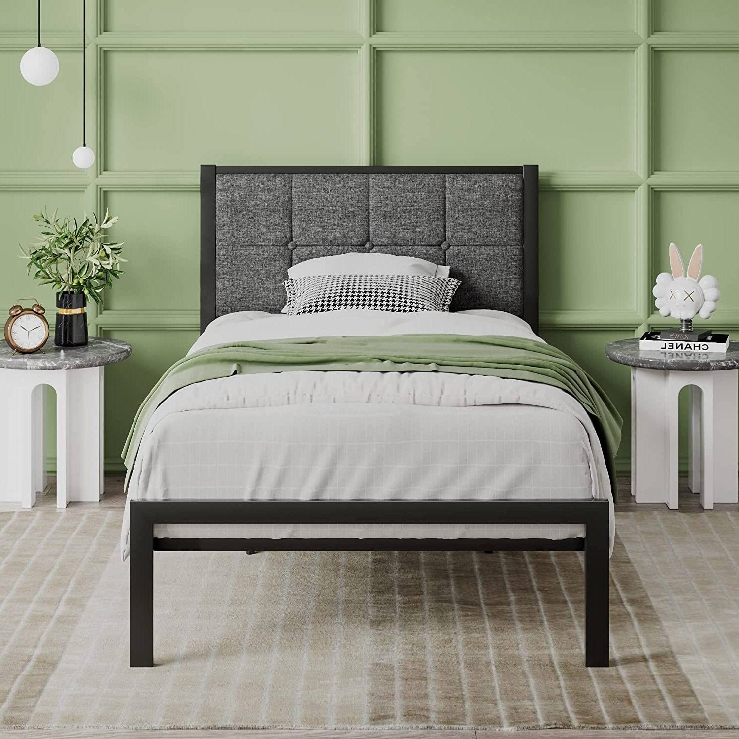 Twin Metal Bed Frame w/ Gray Upholstered Headboard