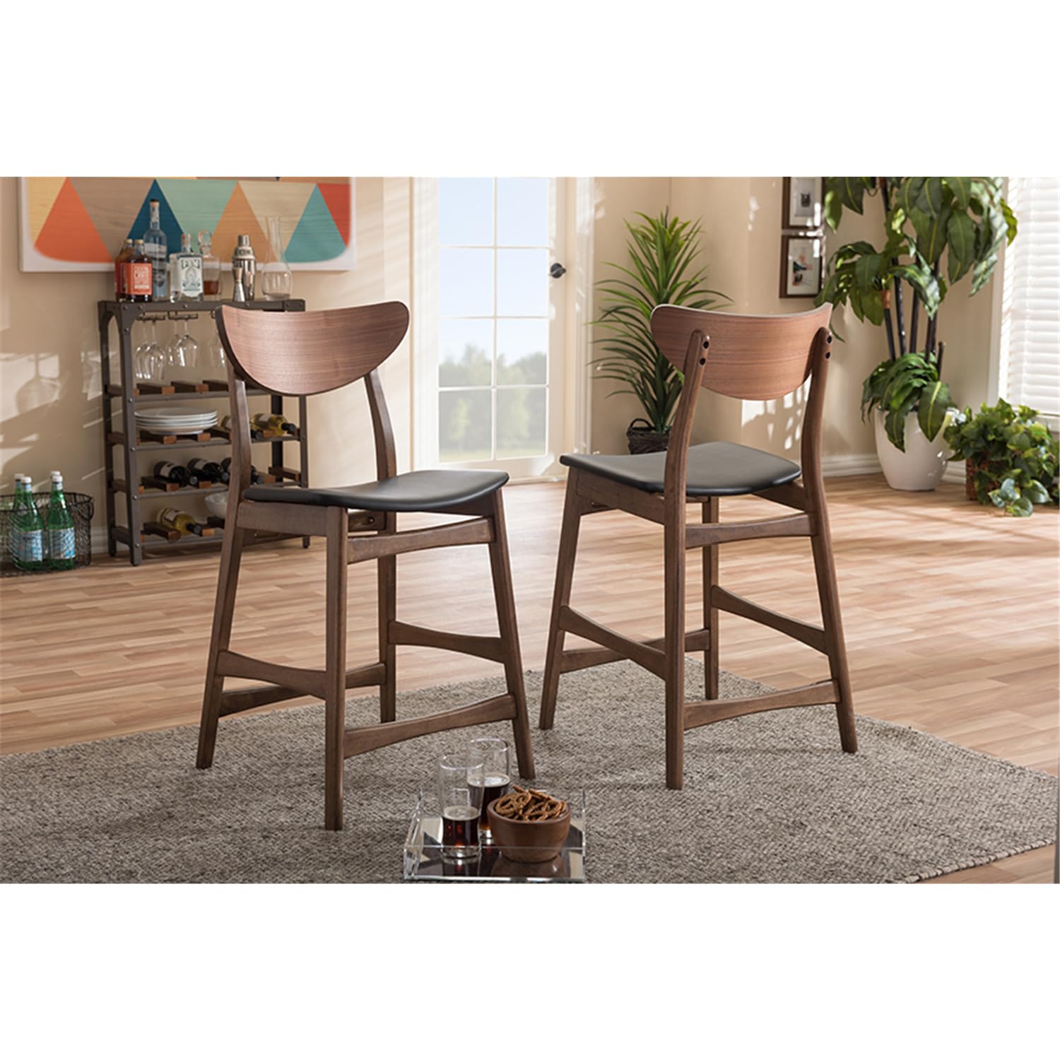 Baxton Studio 2 Piece Latina Scandinavian Style Faux Leather Upholstered Walnut Counter Stool Set, 24", Black