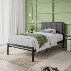 Twin Metal Bed Frame w/ Gray Upholstered Headboard
