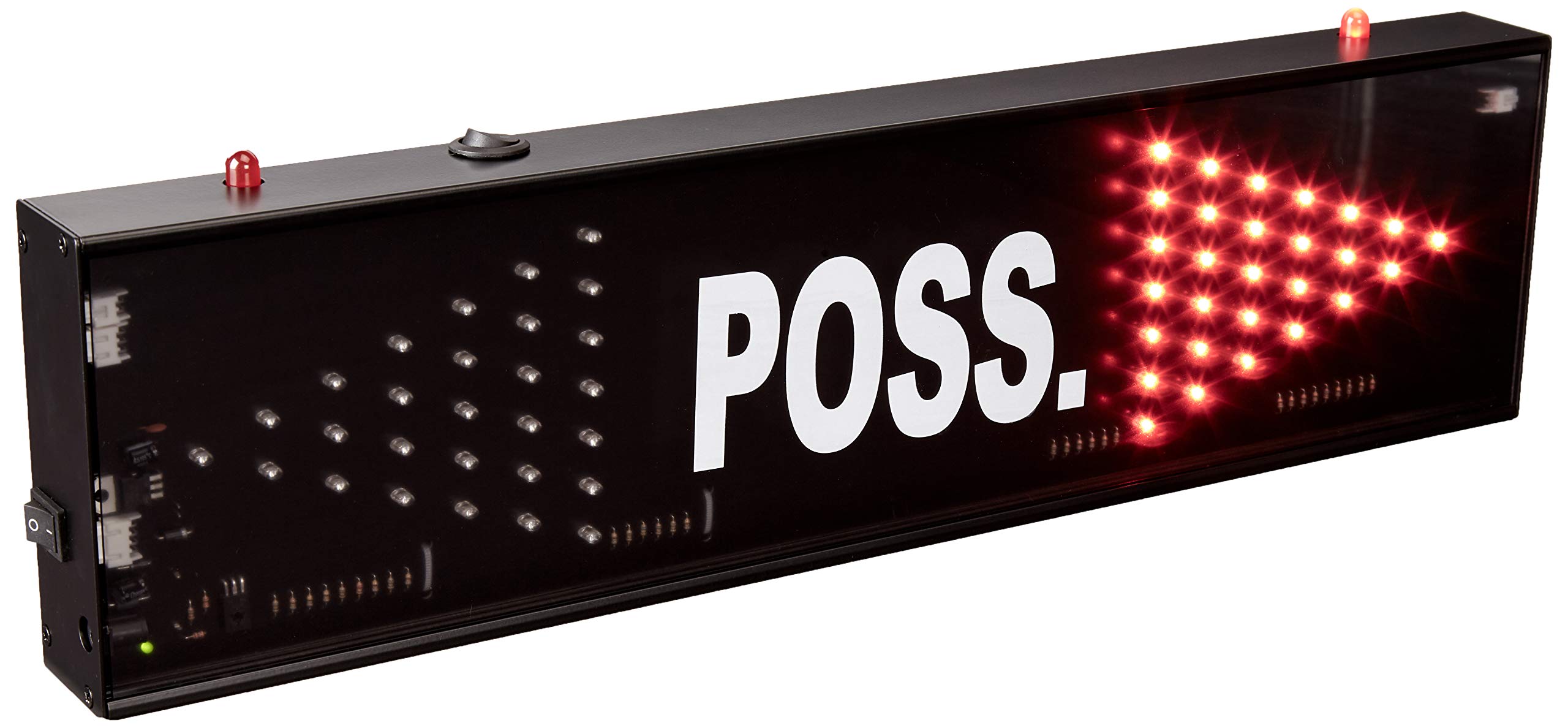 A black sign with bright red LED lights showing the word POS in a clear, bold font.