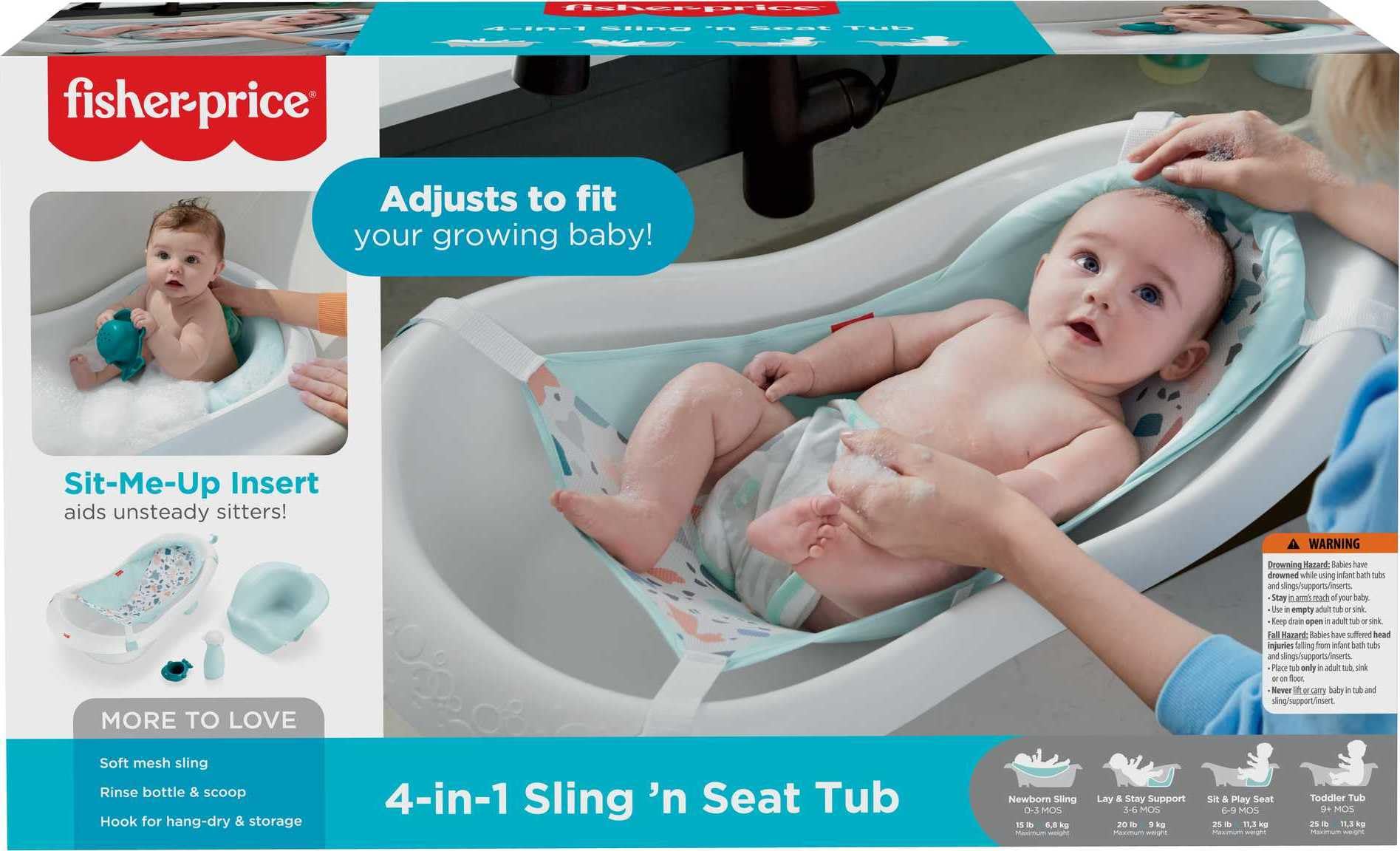Baby to Toddler Bath 4-in-1 Sling ‘n Seat Tub with Removable Infant Support and 2 Toys, Pacific Pebble