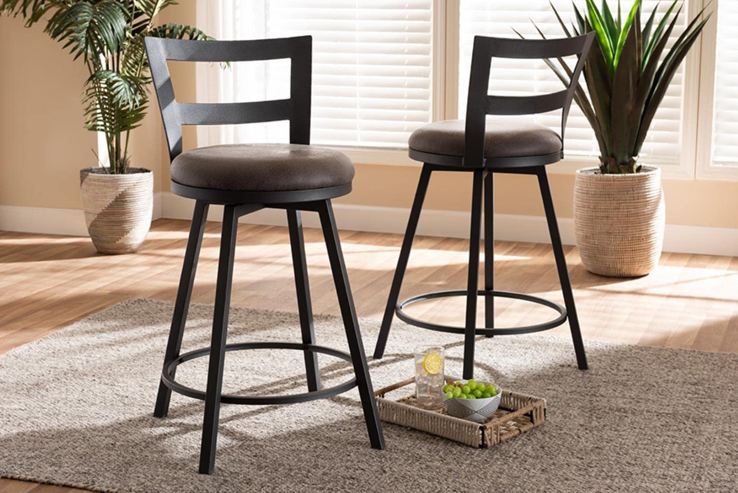 Baxton Studio Arjean Rustic and Industrial Grey Fabric Upholstered Counter Stool Set
