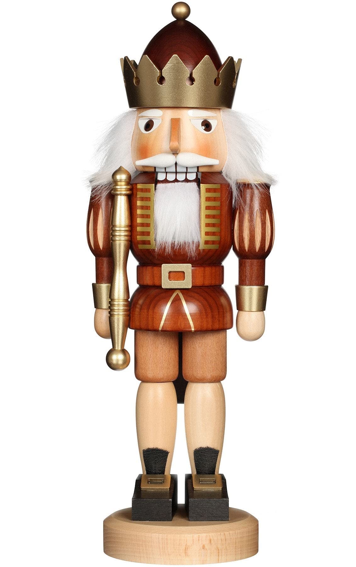 Wooden nutcracker king wearing a crown, featuring a colorful design and traditional festive attire.