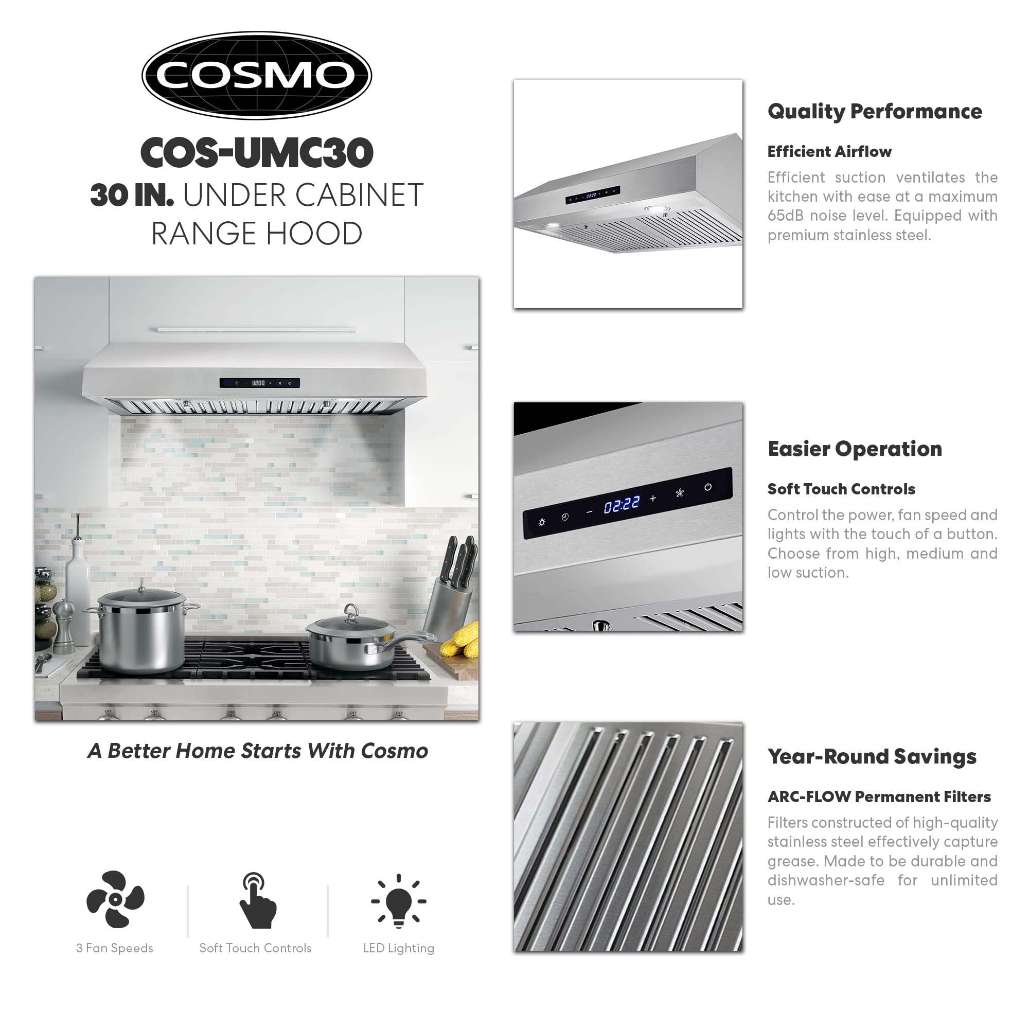 UMC30 30 in. Haven Collection 380 CFM Ducted Under Cabinet Range Hood, LED Lights, Touch Controls, Stainless Steel