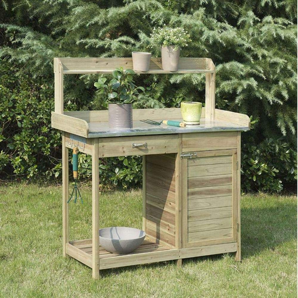 Fast Furnishings Natural Fir Wood Potting Bench w/ Galvanized Steel Top