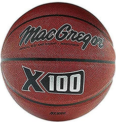 A basketball with the inscription Mac Granger X100 printed on it, showcasing a unique design.