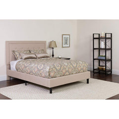 Fast Furnishings Full Beige Fabric Platform Bed w/ Tufted Headboard