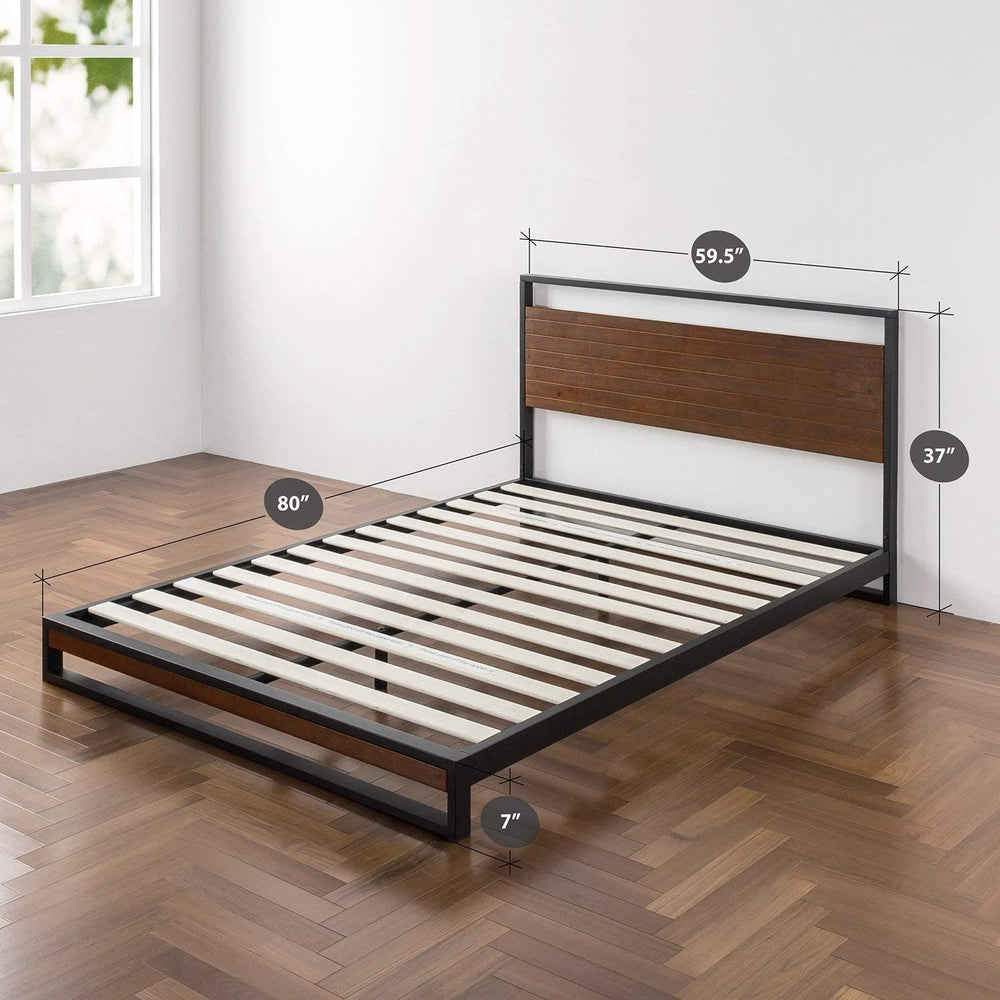 Bed frame measurements displayed alongside a wooden slat, indicating dimensions for assembly and fitting.