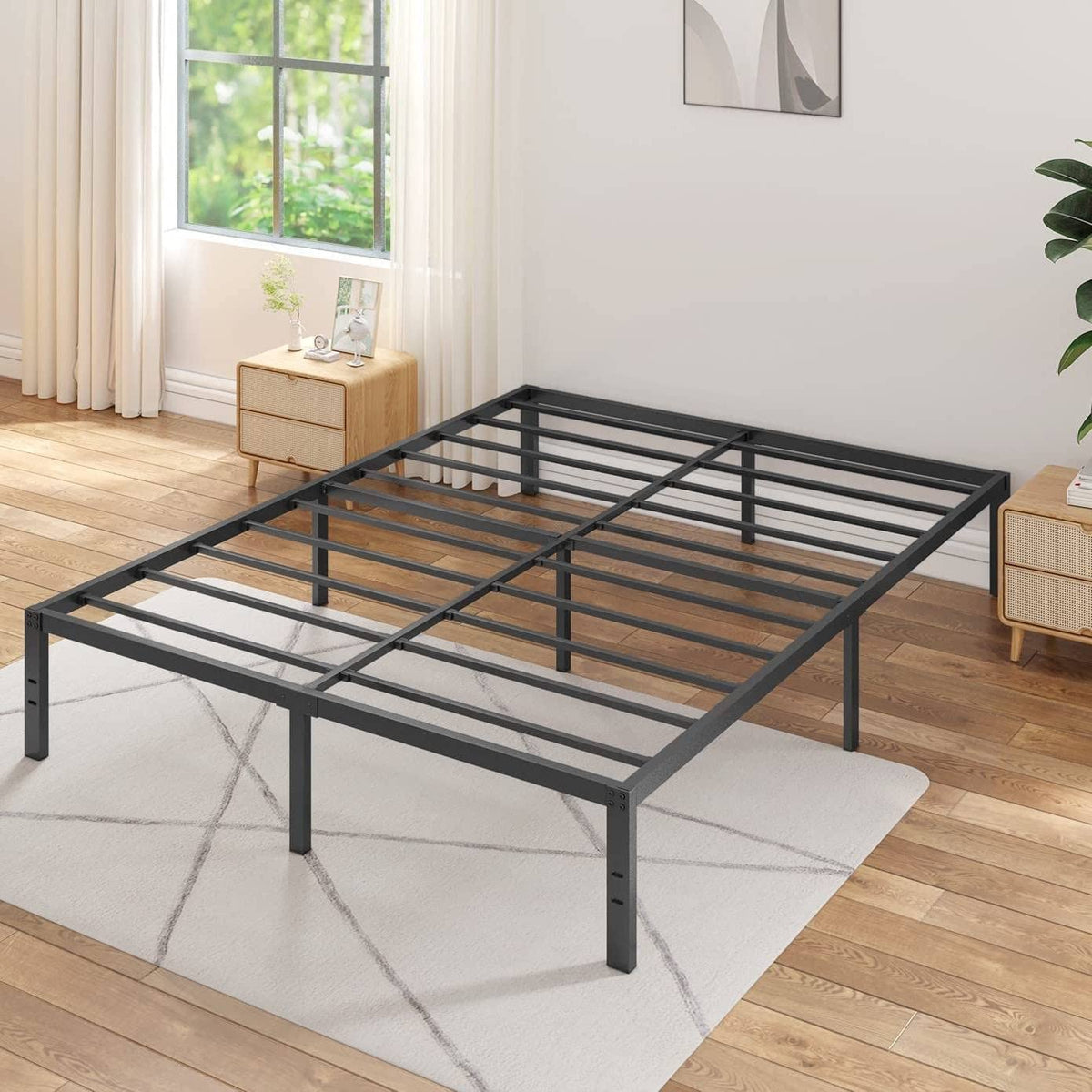 A metal bed frame positioned on a wooden floor, showcasing a modern bedroom aesthetic.
