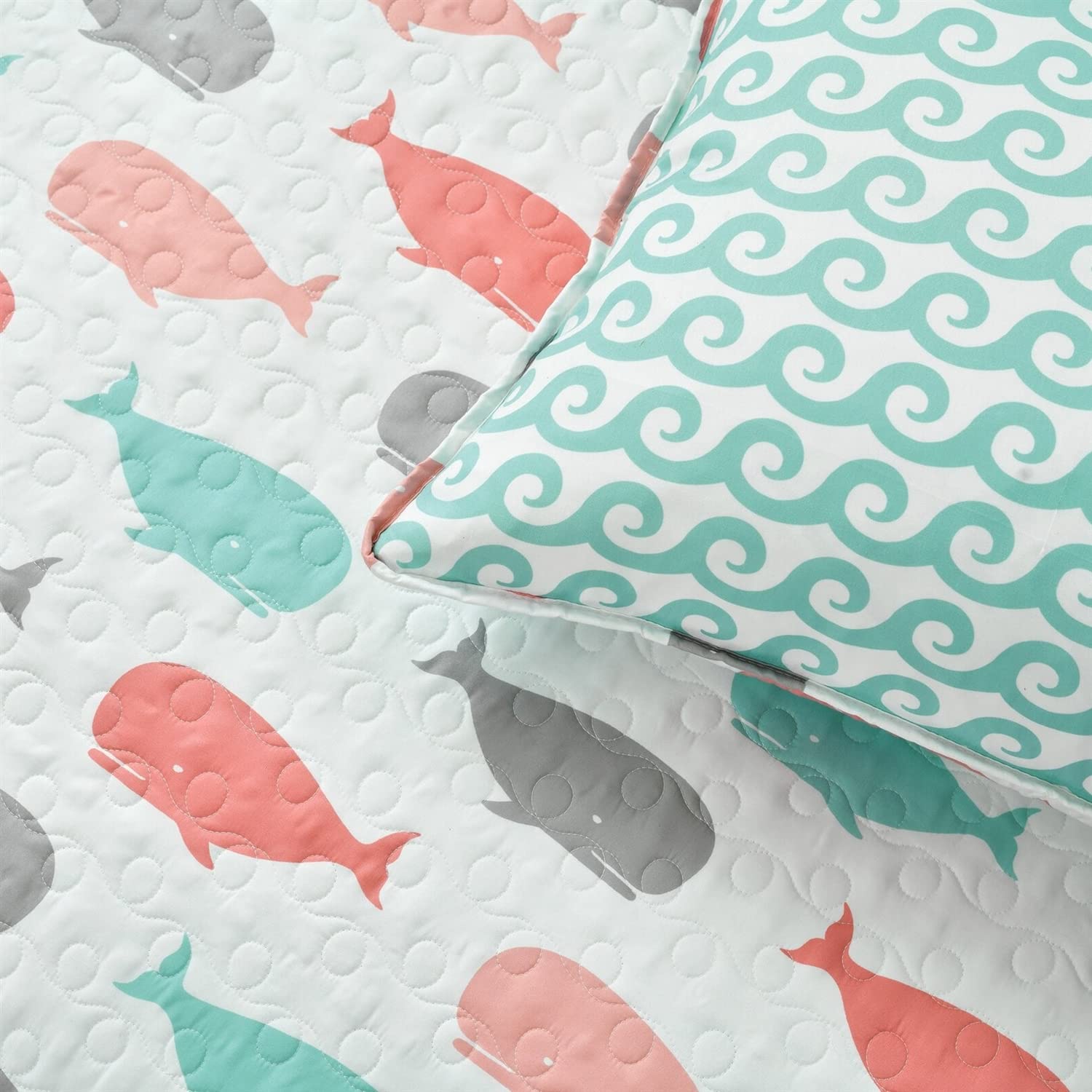 Full/Queen 5-Pc Teal Pink Aqua Waves Whale Quilt Set