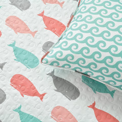 Full/Queen 5-Pc Teal Pink Aqua Waves Whale Quilt Set