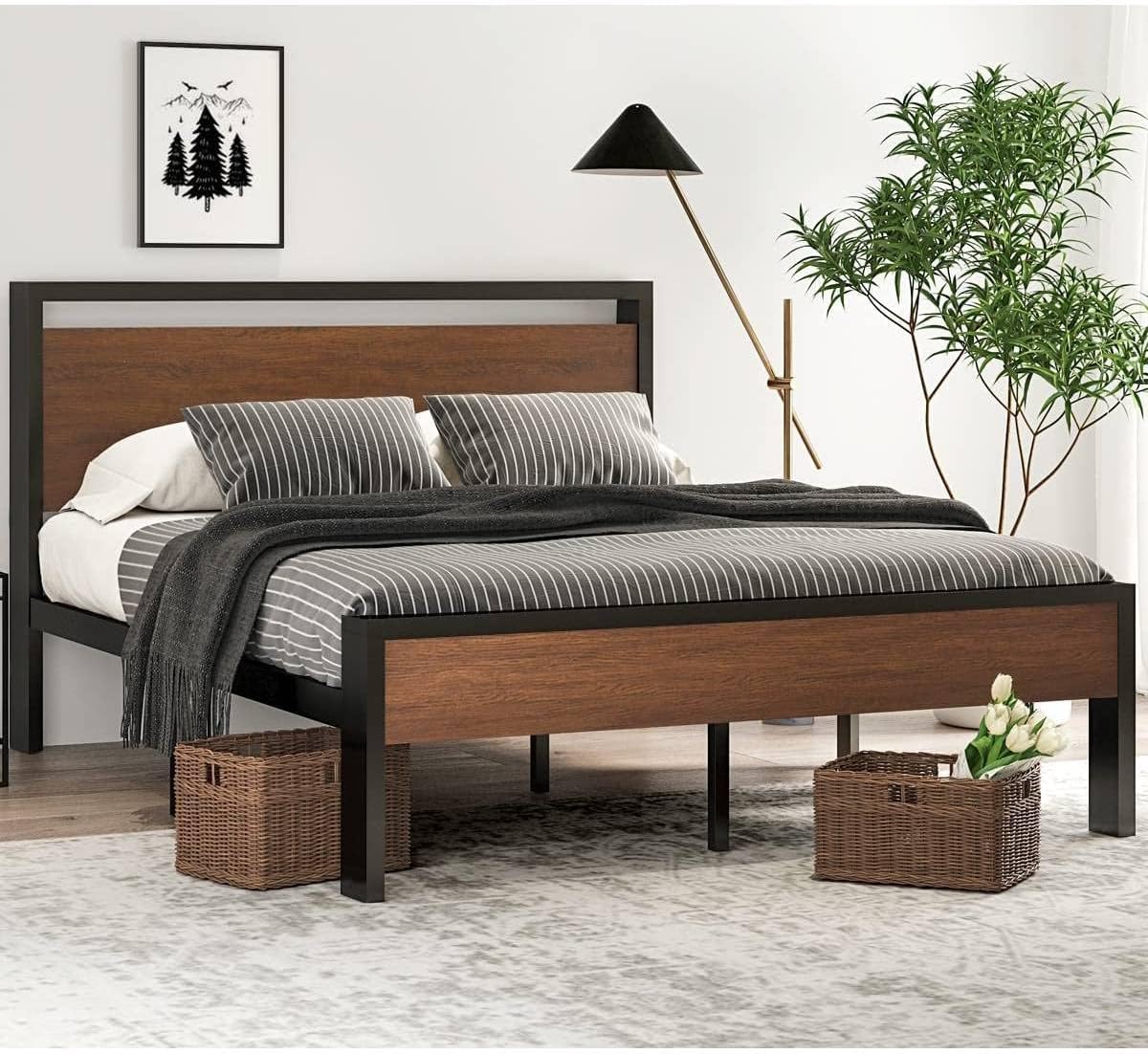 Queen Metal Platform Bed w/ Walnut Wood Panels