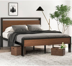 Queen Metal Platform Bed w/ Walnut Wood Panels