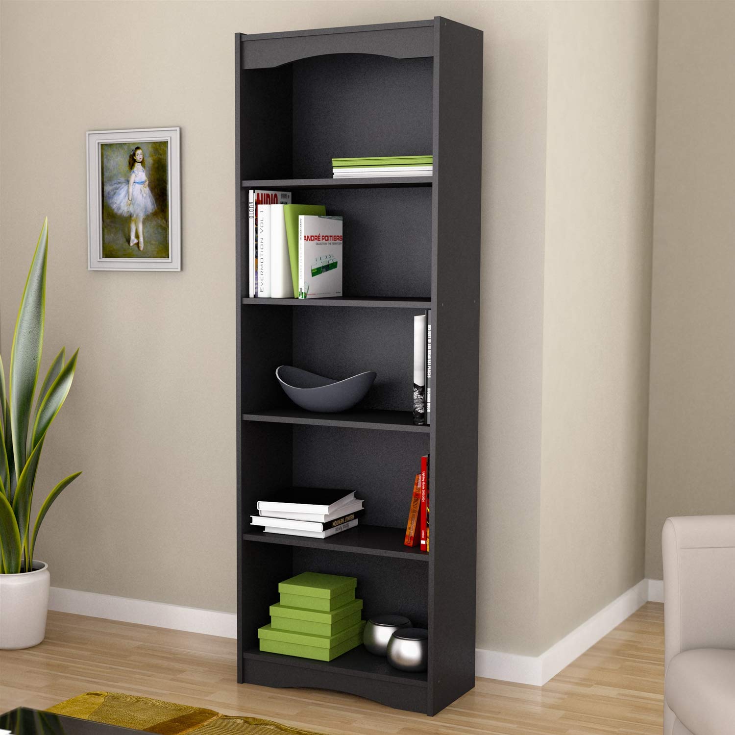 Contemporary Black 5-Shelf Bookcase w/ Curved Accents