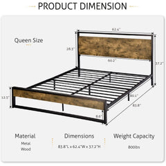 Queen Metal Wood Platform Bed Frame w/ Headboard
