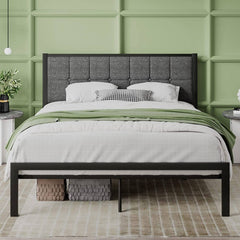 Full Metal Bed Frame w/ Gray Upholstered Headboard