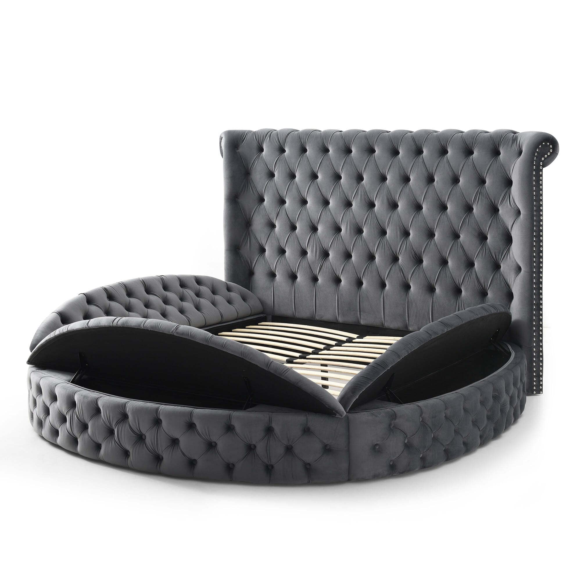 Elizabeth Upholstered Round Storage King Bed in Gray