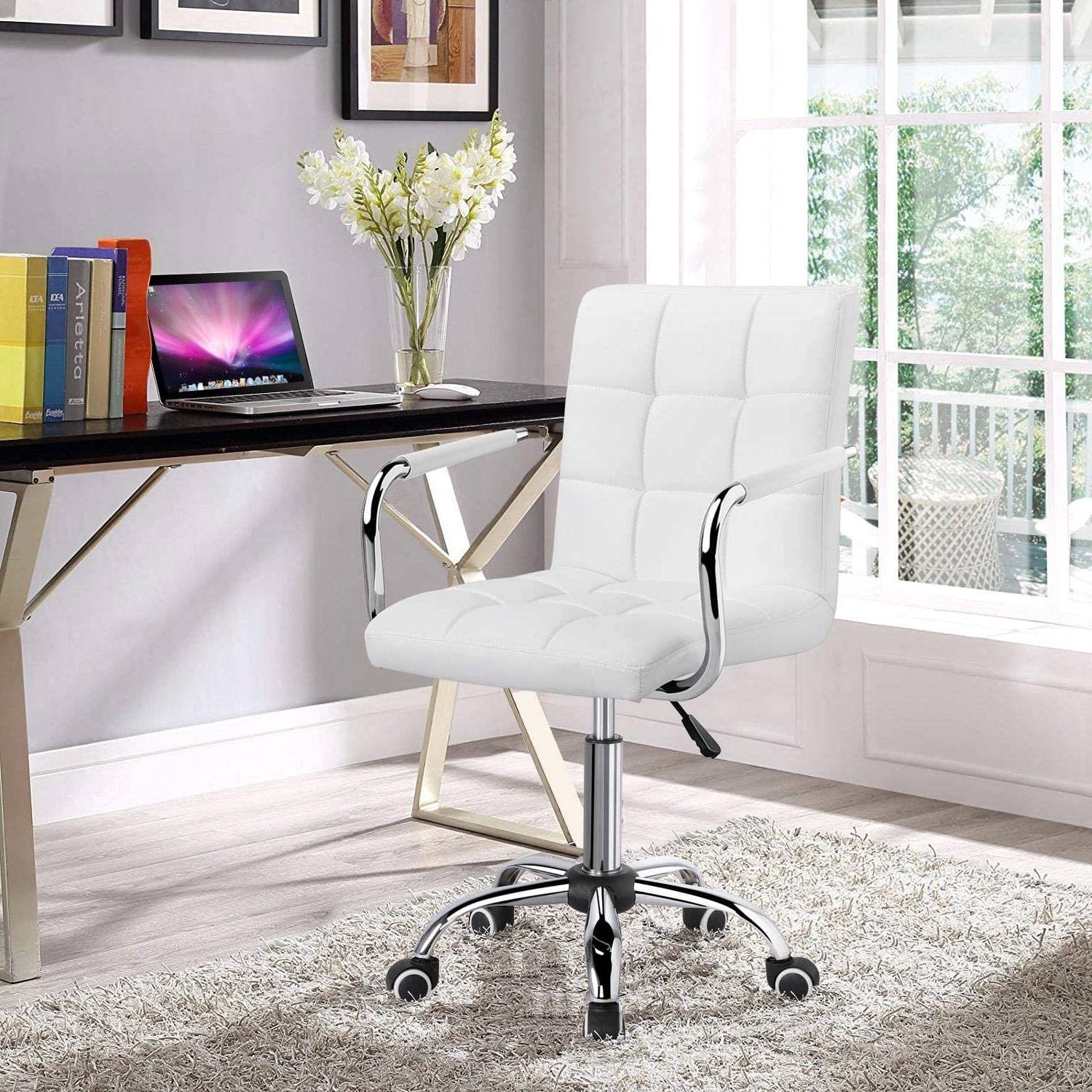 Modern White Faux Leather Mid-Back Swivel Office Chair