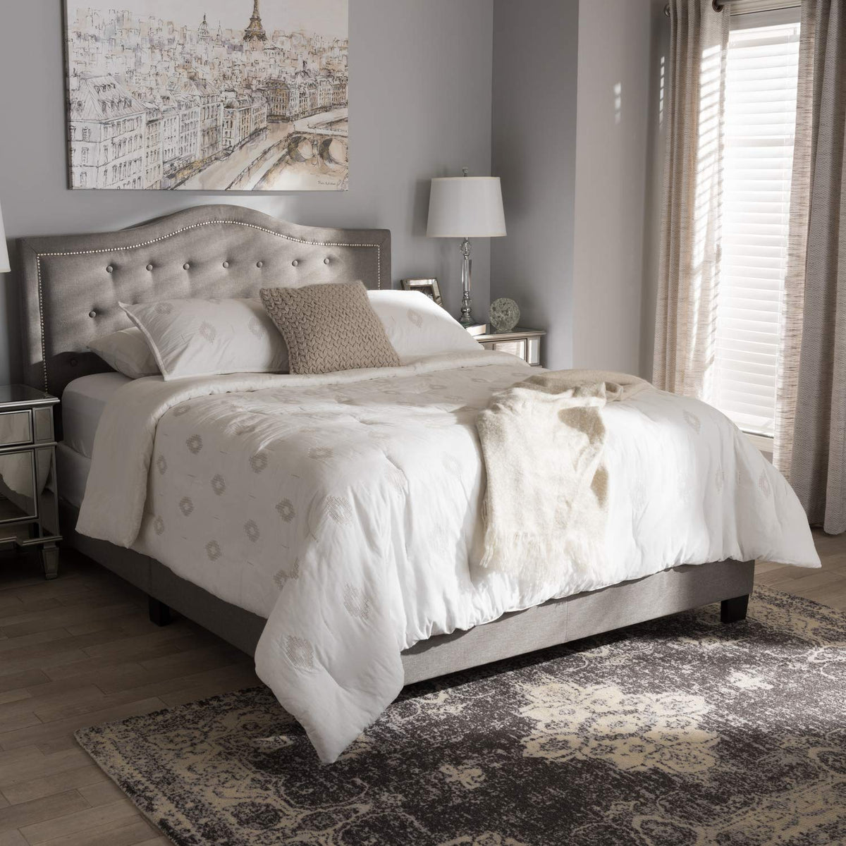 Emerson Modern and Contemporary Light Grey Fabric Upholstered Queen Size Bed Light Grey/Contemporary/Fabric Polyester 100% /Rubber Wood/MDF/Particle Board/Foam