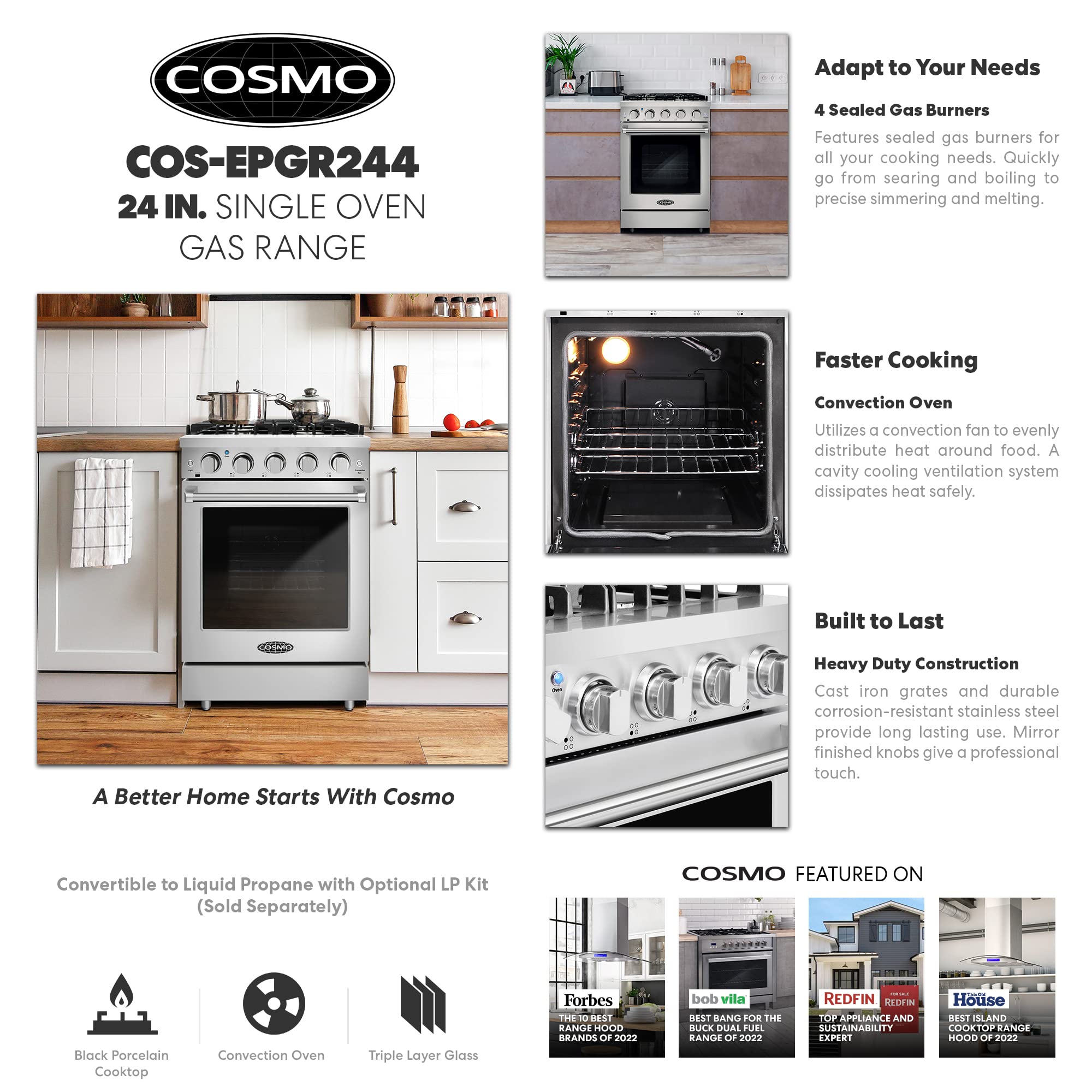 COS-EPGR244 24 in. Haven Collection 3.73 cu. ft. Gas Range with 4 Sealed Burners, Cast Iron Grates, Convection Oven, Stainless Steel