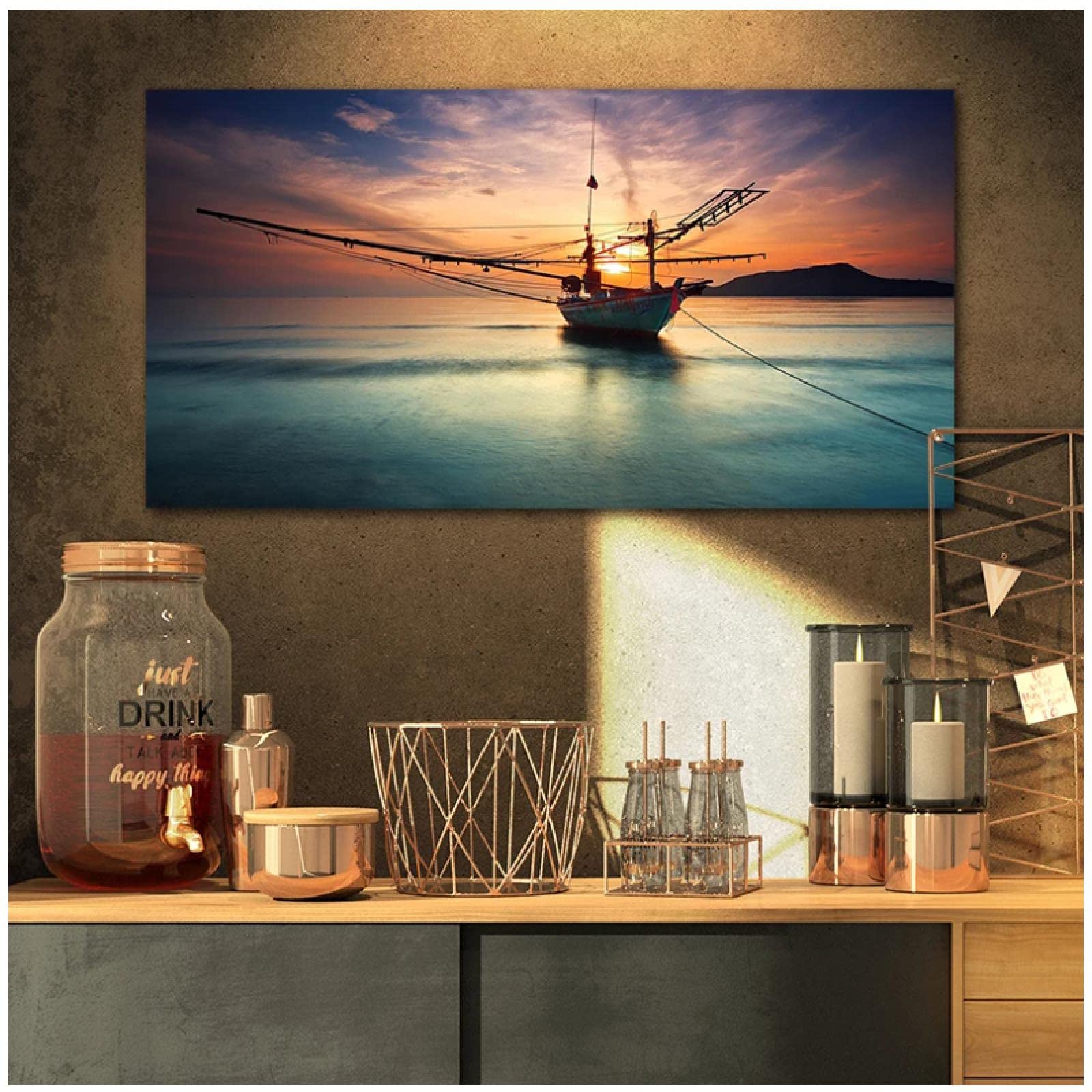 Modern Abstract Boat Sunset Canvas Wall Art 30x60cm