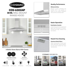 COS-63024P 30 in. Nebula Collection 250 CFM Ducted Wall Mount Range Hood, Button Control, LED Lights, Mesh Filters, Stainless Steel