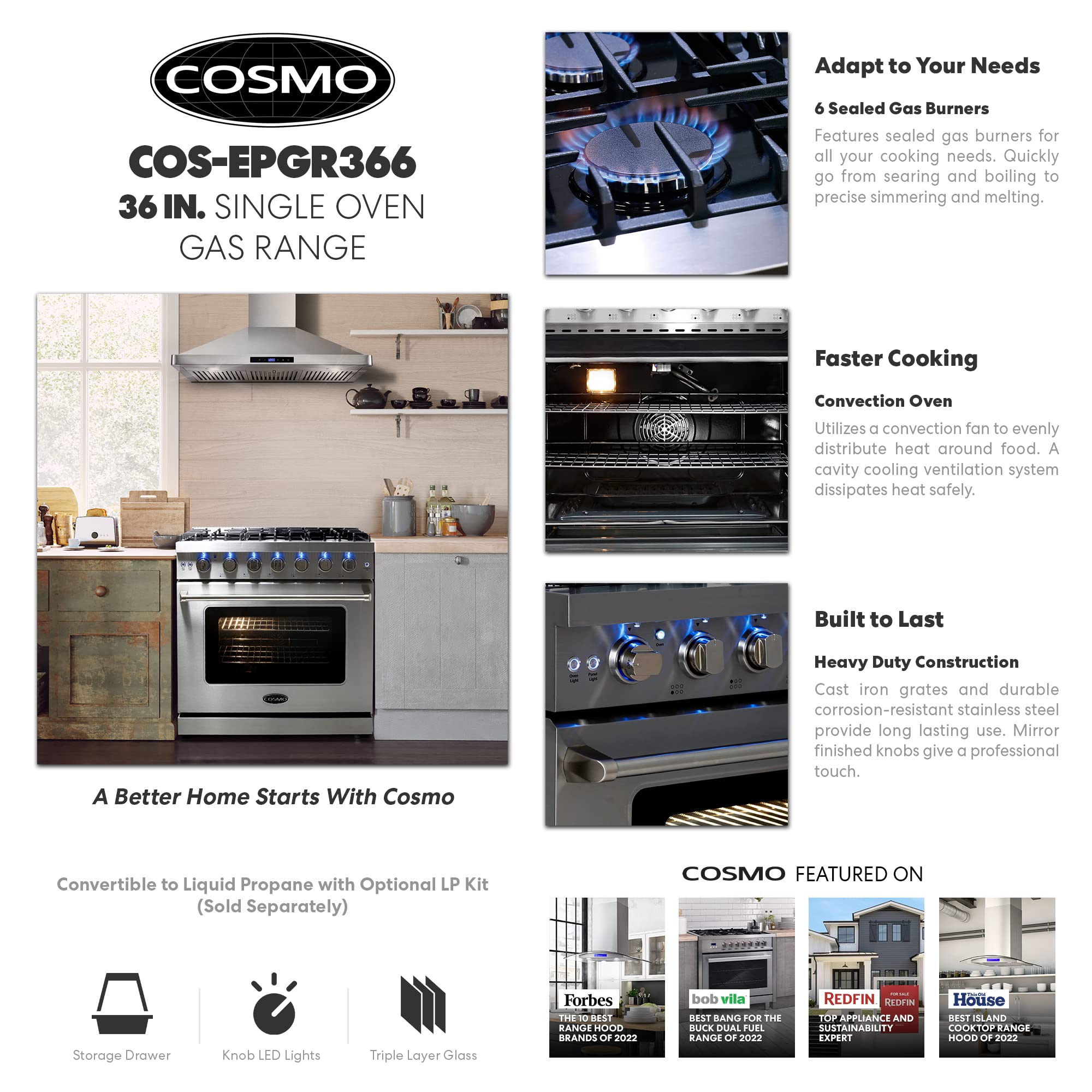 COS-EPGR366 36 in. Haven Collection 6.0 cu. ft. Gas Range, 6 Burners, Convection Oven, Knob LEDs, Storage Drawer, Stainless Steel