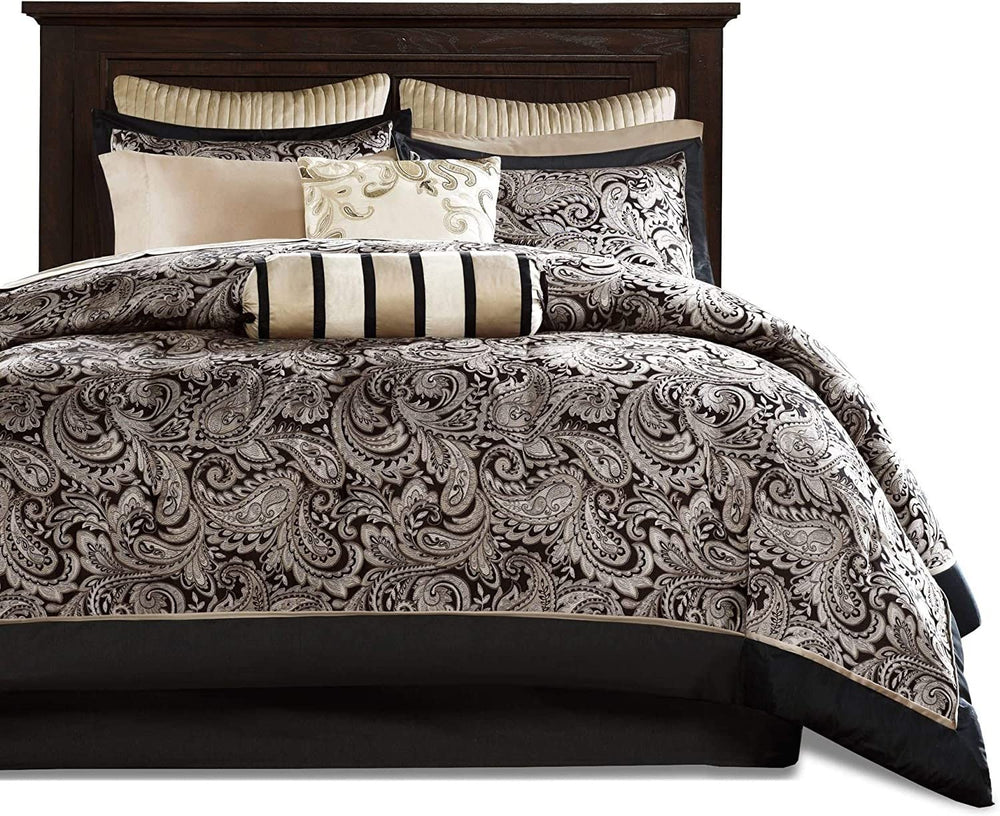 2. Elegant comforter set with a black and brown paisley design, perfect for enhancing the aesthetic of a bedroom.