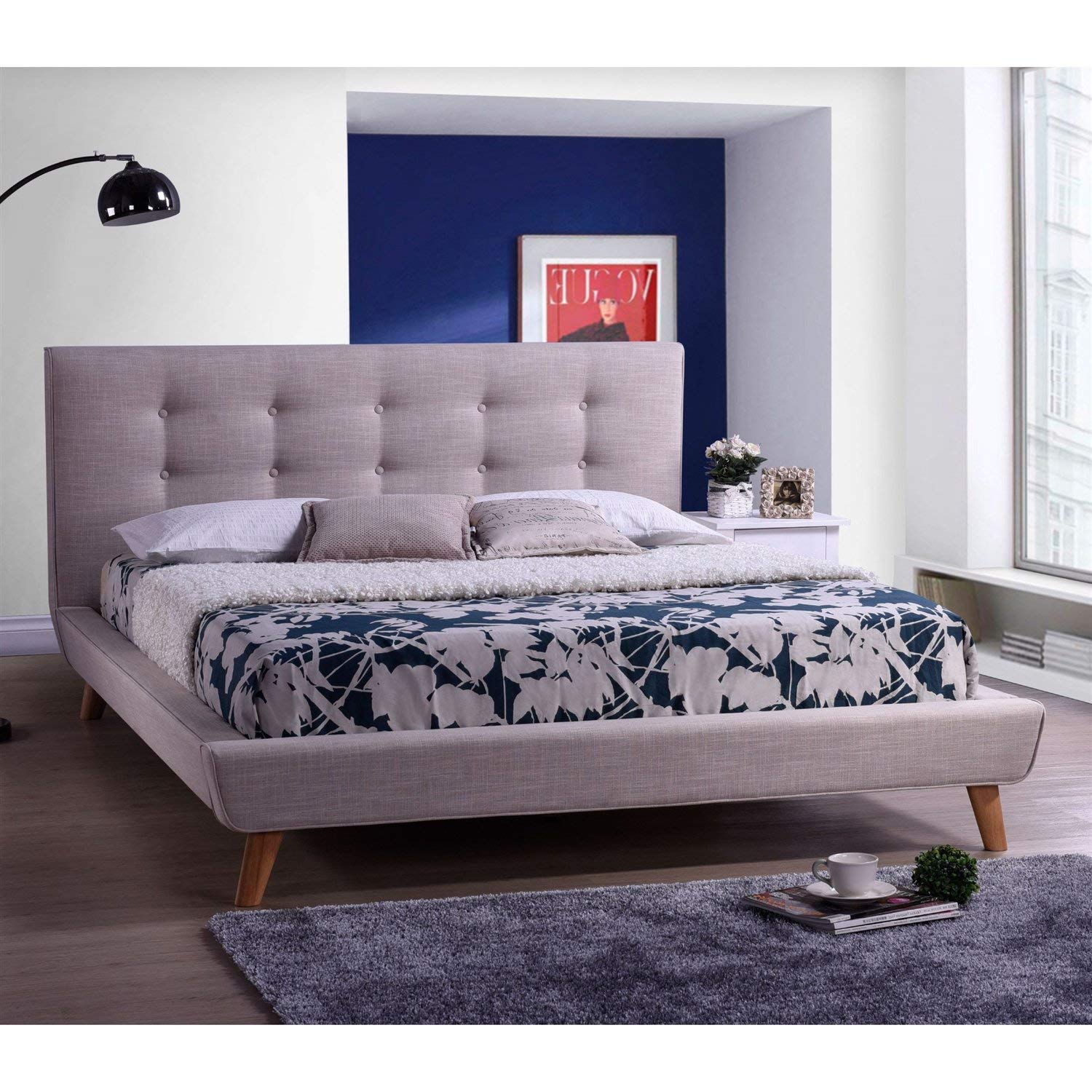 Full Beige Linen Platform Bed w/ Tufted Headboard
