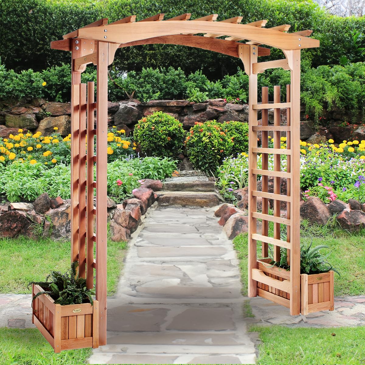 PA96-Set 6-ft Cedar Garden Pagoda Arbor with Side Planters | Wedding Arch for Ceremony | Wood Trellis for Outdoor & Plant Climbing | Handcrafted (Western Red Cedar)