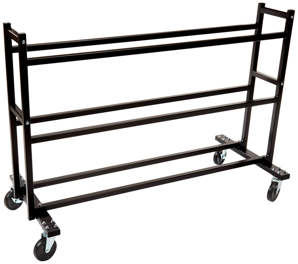 A black metal cart featuring four shelves, designed for storage and organization.