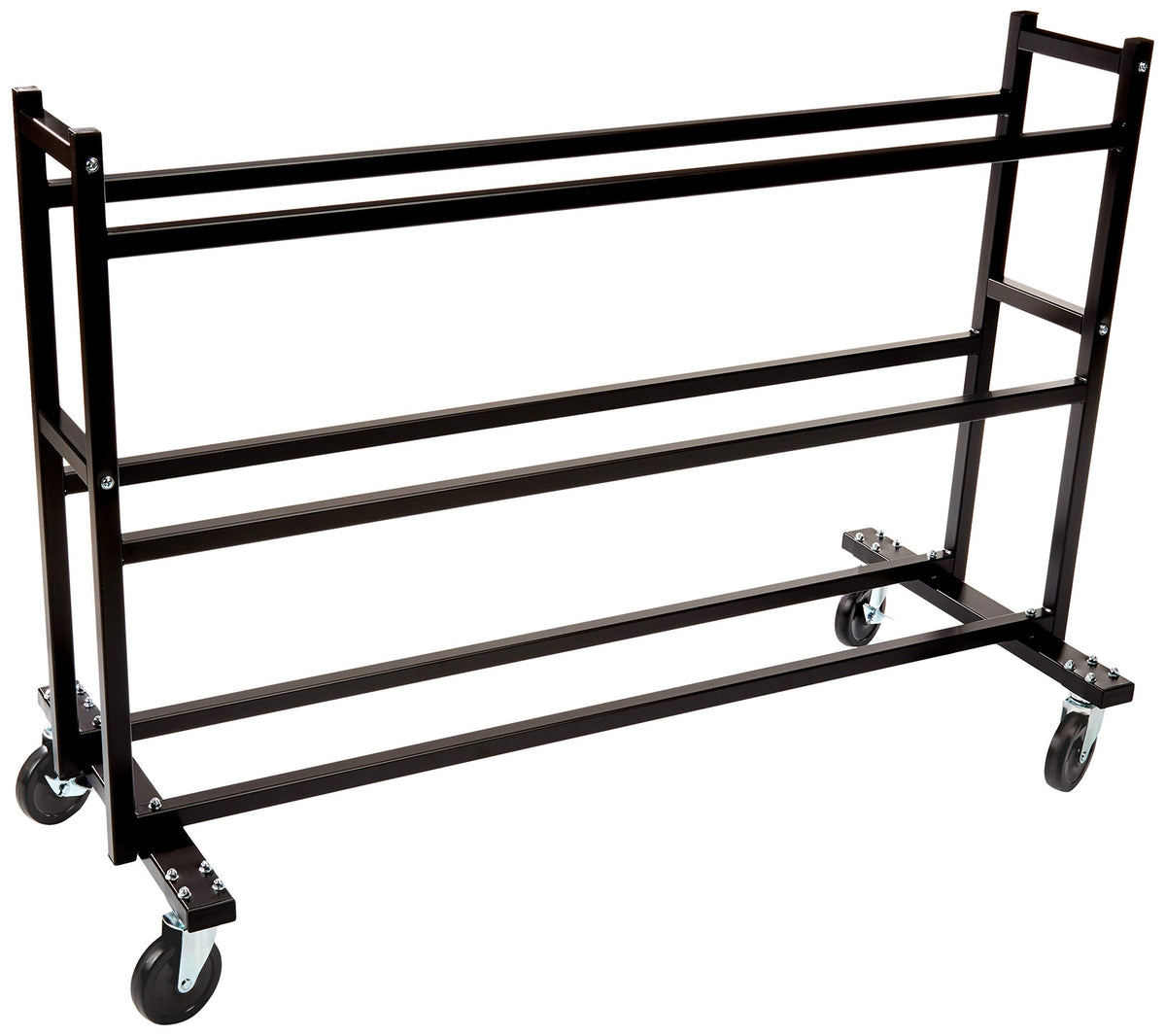 A black metal cart featuring four shelves, designed for storage and organization.