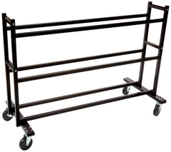 A black metal cart featuring four shelves, designed for storage and organization.