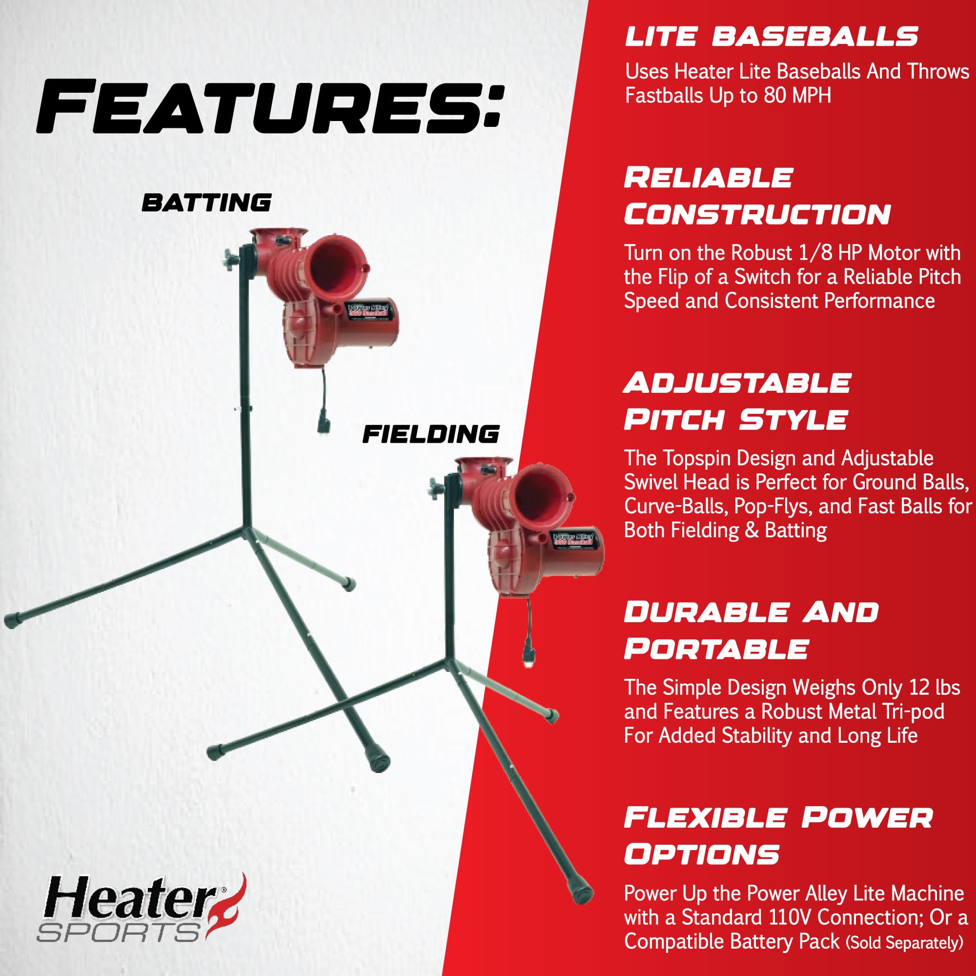 Power Alley Lite 360 Baseball Pitching Machine - Pitches Lite Balls 40-80 MPH Fastballs, Sliders, & Curves | Accurate, Durable, & Portable Training Tool for Batting & Field Practice
