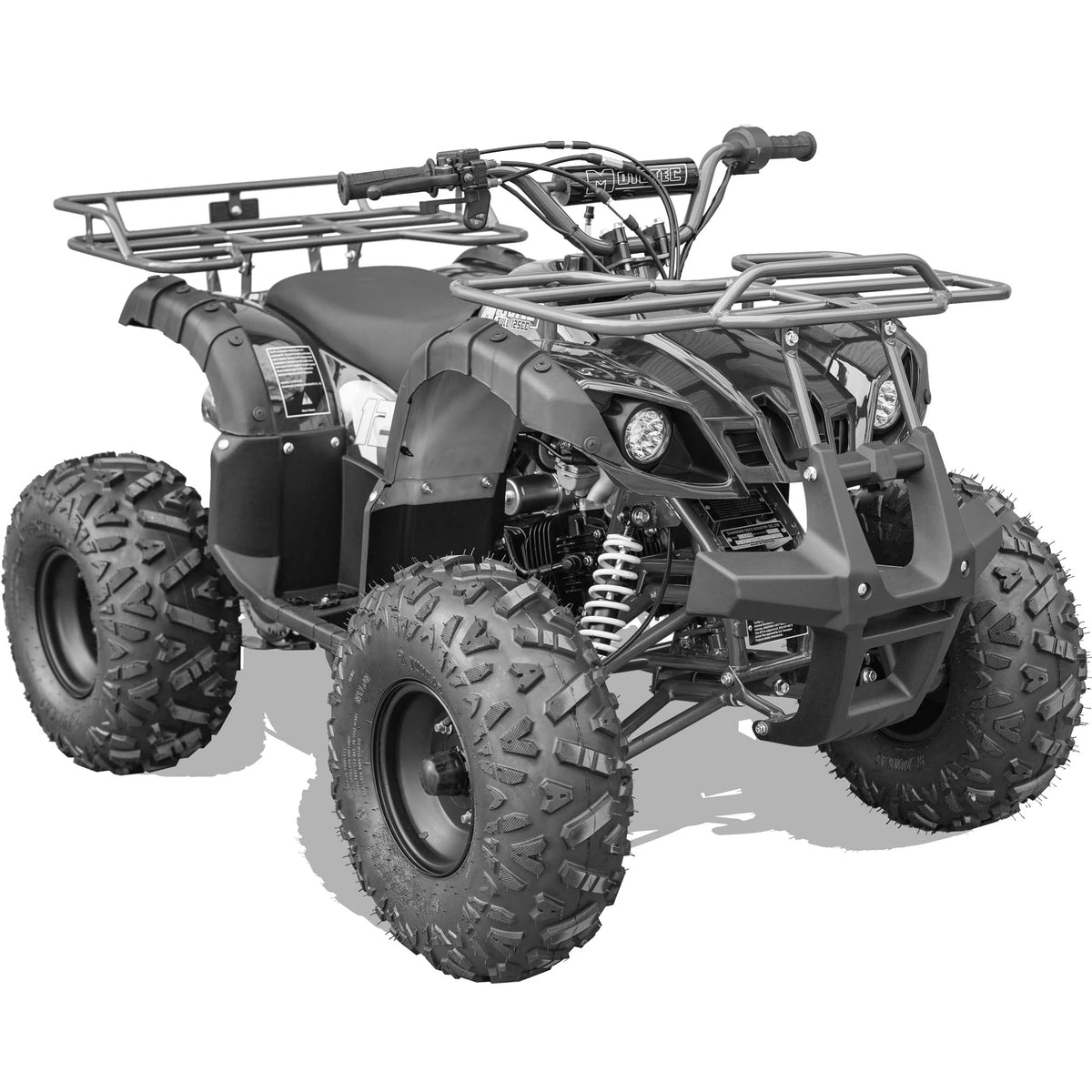 Black and white image of a four-wheeler ATV parked on a rugged terrain.