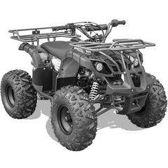Black and white image of a four-wheeler ATV parked on a rugged terrain.