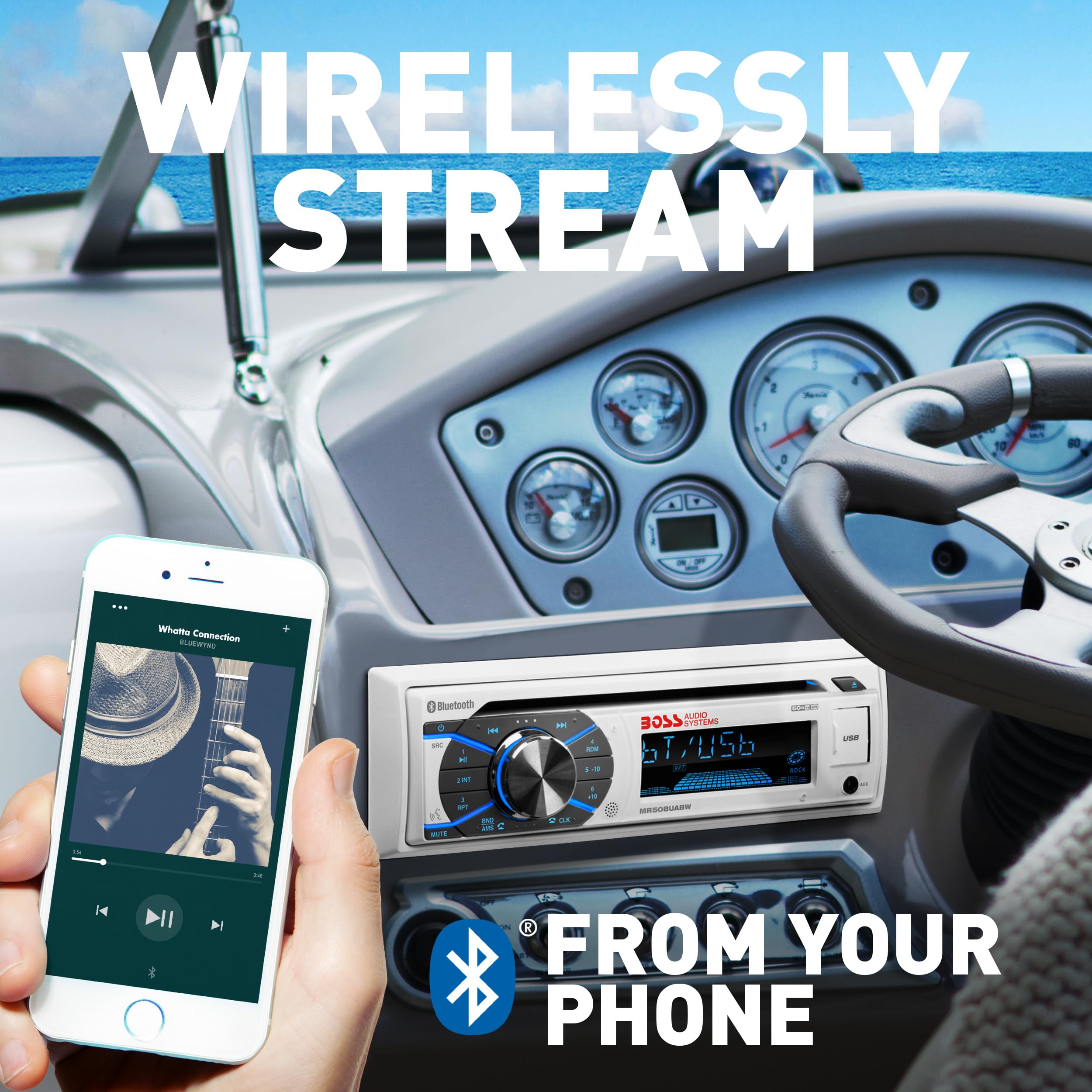 s MR508UABW Marine Boat Stereo - Single Din, Bluetooth Audio and Calling Head Unit, AM/FM Radio Receiver, CD Player, Weatherproof, USB